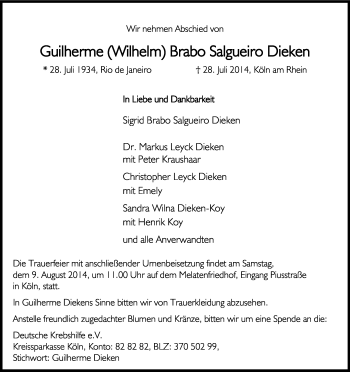 Anzeige von Guilherme Babo Salgueiro Dieken von Kölner Stadt-Anzeiger / Kölnische Rundschau / Express