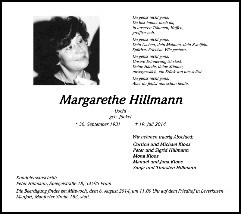  Traueranzeige für Margarethe Hillmann vom 02.08.2014 aus Kölner Stadt-Anzeiger / Kölnische Rundschau / Express