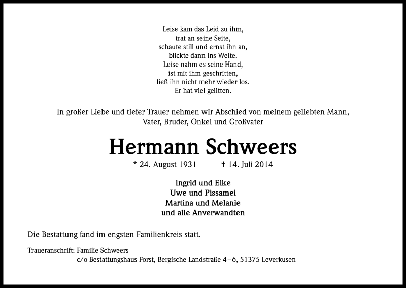  Traueranzeige für Hermann Schweers vom 02.08.2014 aus Kölner Stadt-Anzeiger / Kölnische Rundschau / Express