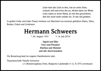 Anzeige von Hermann Schweers von Kölner Stadt-Anzeiger / Kölnische Rundschau / Express