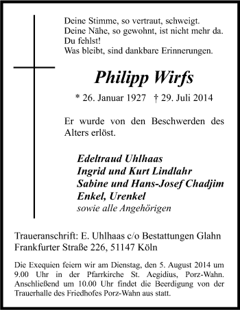 Anzeige von Philipp Wirfs von Kölner Stadt-Anzeiger / Kölnische Rundschau / Express