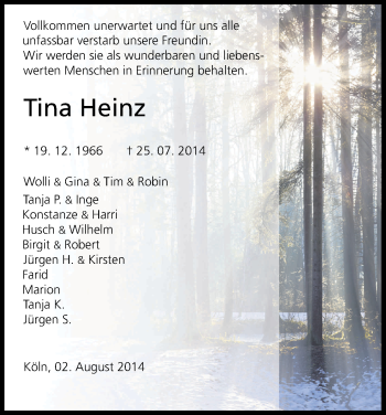 Anzeige von Tina Heinz von Kölner Stadt-Anzeiger / Kölnische Rundschau / Express