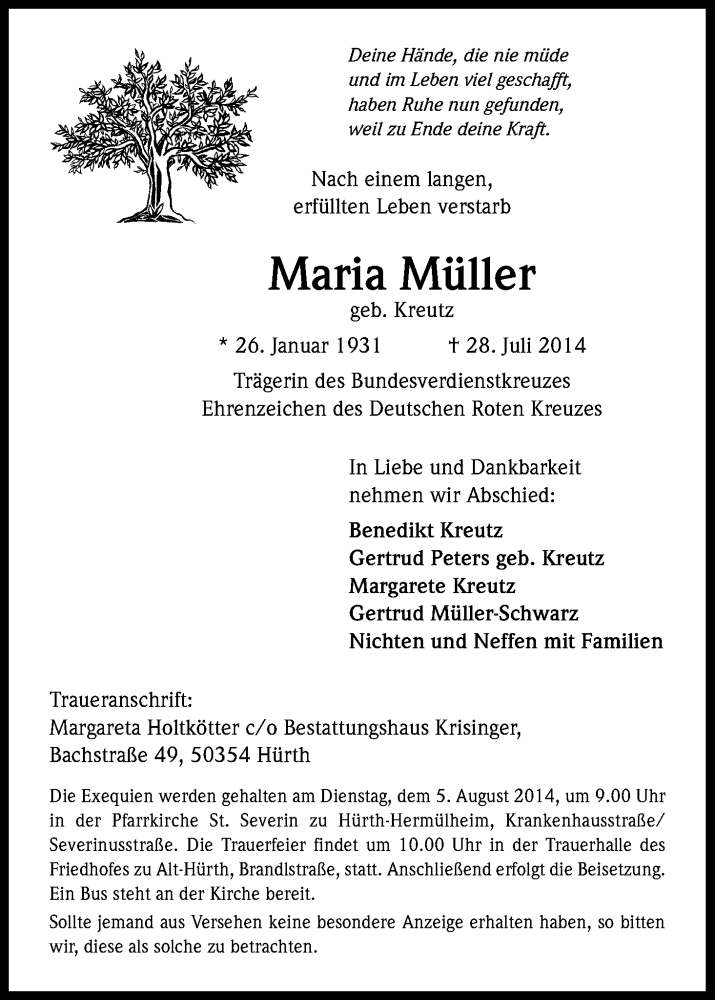  Traueranzeige für Maria Müller vom 02.08.2014 aus Kölner Stadt-Anzeiger / Kölnische Rundschau / Express