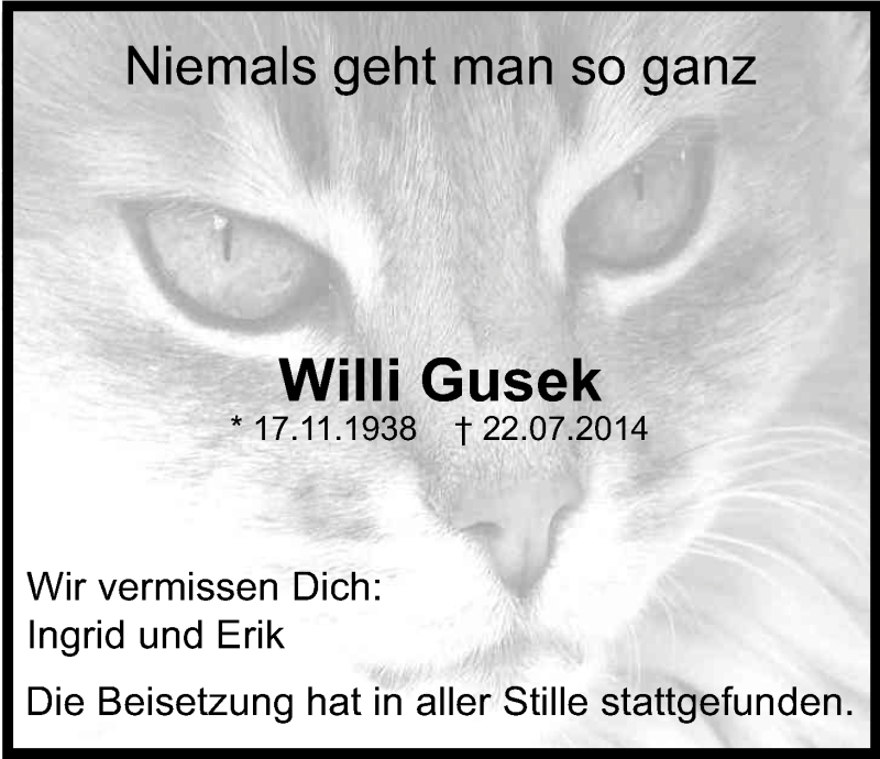  Traueranzeige für Willi Gusek vom 02.08.2014 aus Kölner Stadt-Anzeiger / Kölnische Rundschau / Express