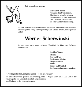 Anzeige von Werner Scherwinski von Kölner Stadt-Anzeiger / Kölnische Rundschau / Express