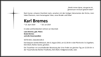 Anzeige von Karl Bremes von Kölner Stadt-Anzeiger / Kölnische Rundschau / Express