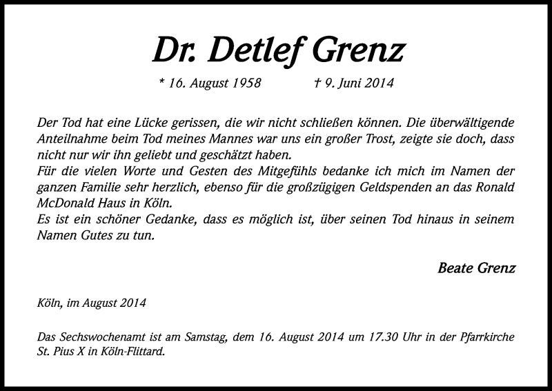  Traueranzeige für Detlef Grenz vom 02.08.2014 aus Kölner Stadt-Anzeiger / Kölnische Rundschau / Express