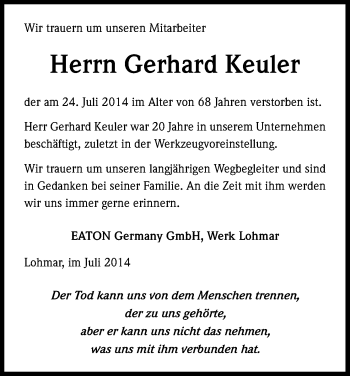 Anzeige von Gerhard Keuler von Kölner Stadt-Anzeiger / Kölnische Rundschau / Express