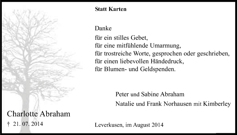 Traueranzeige für Charlotte Abraham vom 07.08.2014 aus Kölner Stadt-Anzeiger / Kölnische Rundschau / Express