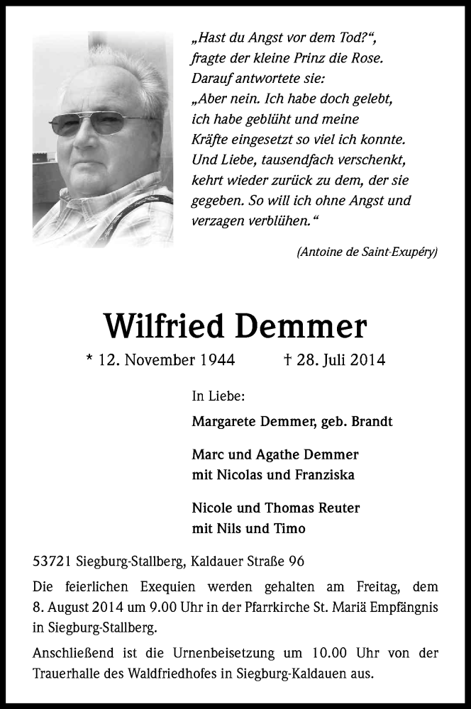  Traueranzeige für Wilfried Demmer vom 02.08.2014 aus Kölner Stadt-Anzeiger / Kölnische Rundschau / Express