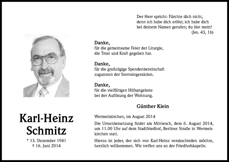  Traueranzeige für Karl-Heinz Schmitz vom 02.08.2014 aus Kölner Stadt-Anzeiger / Kölnische Rundschau / Express