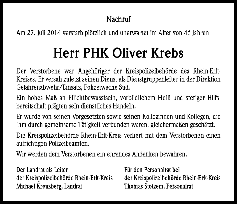  Traueranzeige für Oliver Krebs vom 02.08.2014 aus Kölner Stadt-Anzeiger / Kölnische Rundschau / Express