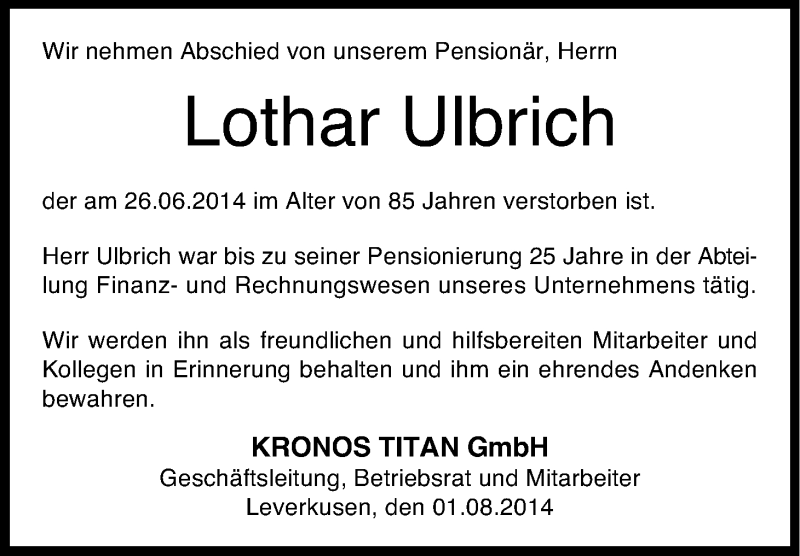  Traueranzeige für Lothar Ulbrich vom 01.08.2014 aus Kölner Stadt-Anzeiger / Kölnische Rundschau / Express