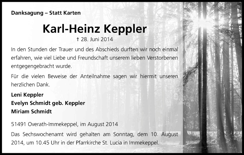  Traueranzeige für Karl-Heinz Keppler vom 02.08.2014 aus Kölner Stadt-Anzeiger / Kölnische Rundschau / Express