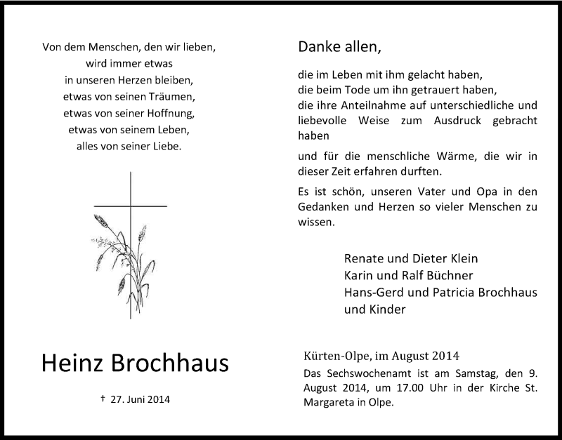  Traueranzeige für Heinz Brochhaus vom 02.08.2014 aus Kölner Stadt-Anzeiger / Kölnische Rundschau / Express