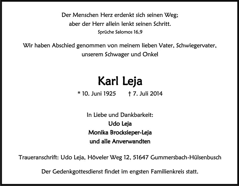  Traueranzeige für Karl Leja vom 02.08.2014 aus Kölner Stadt-Anzeiger / Kölnische Rundschau / Express