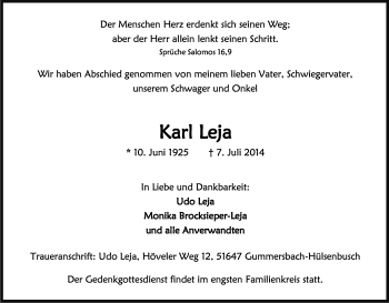 Anzeige von Karl Leja von Kölner Stadt-Anzeiger / Kölnische Rundschau / Express