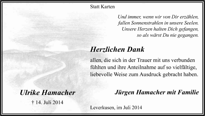  Traueranzeige für Ulrike Hamacher vom 02.08.2014 aus Kölner Stadt-Anzeiger / Kölnische Rundschau / Express