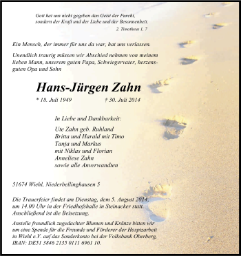 Anzeige von Hans-Jürgen Zahn von Kölner Stadt-Anzeiger / Kölnische Rundschau / Express