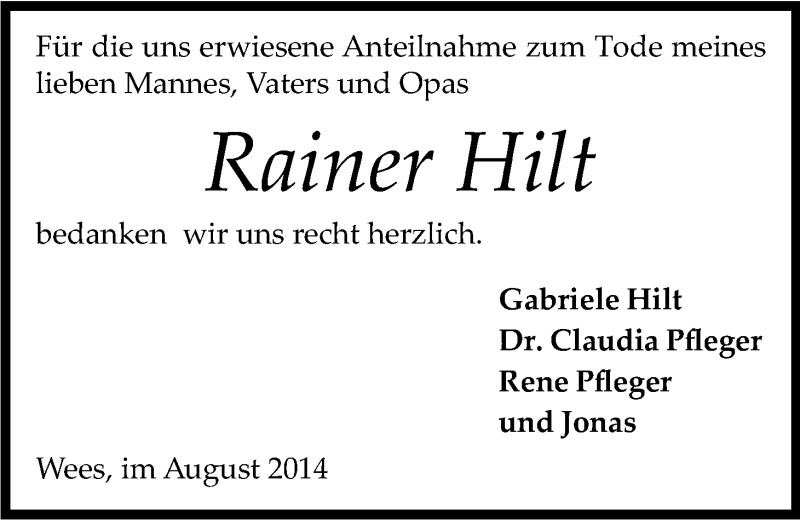  Traueranzeige für Rainer Hilt vom 02.08.2014 aus Kölner Stadt-Anzeiger / Kölnische Rundschau / Express