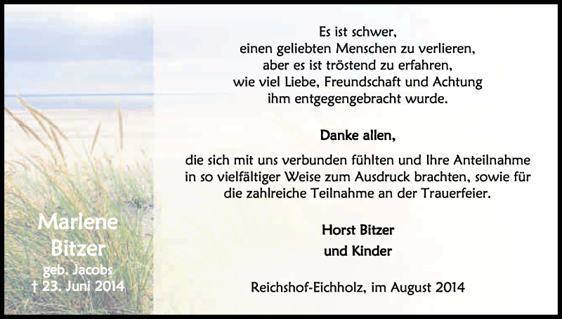  Traueranzeige für Marlene Bitzer vom 02.08.2014 aus Kölner Stadt-Anzeiger / Kölnische Rundschau / Express