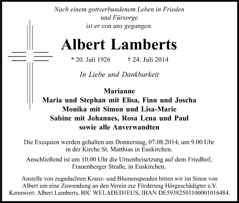  Traueranzeige für Albert Lamberts vom 02.08.2014 aus Kölner Stadt-Anzeiger / Kölnische Rundschau / Express
