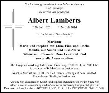 Anzeige von Albert Lamberts von Kölner Stadt-Anzeiger / Kölnische Rundschau / Express