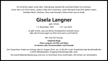 Anzeige von Gisela Langner von Kölner Stadt-Anzeiger / Kölnische Rundschau / Express