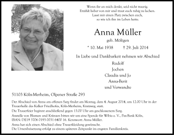 Anzeige von Anna Müller von Kölner Stadt-Anzeiger / Kölnische Rundschau / Express