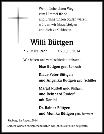 Anzeige von Willi Büttgen von Kölner Stadt-Anzeiger / Kölnische Rundschau / Express