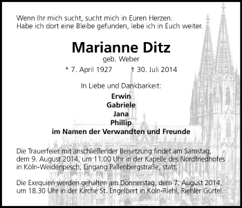 Anzeige von Marianne Ditz von Kölner Stadt-Anzeiger / Kölnische Rundschau / Express