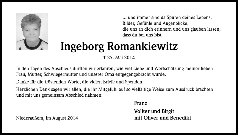  Traueranzeige für Ingeborg Romankiewitz vom 02.08.2014 aus Kölner Stadt-Anzeiger / Kölnische Rundschau / Express