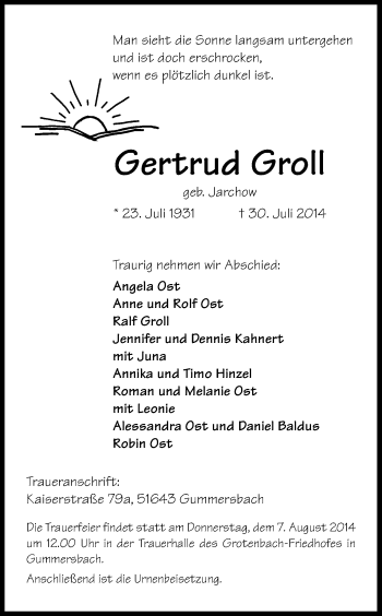 Anzeige von Gertrud Groll von Kölner Stadt-Anzeiger / Kölnische Rundschau / Express