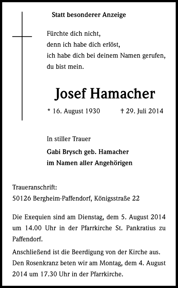  Traueranzeige für Josesf Hamacher vom 02.08.2014 aus Kölner Stadt-Anzeiger / Kölnische Rundschau / Express