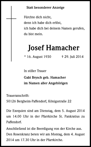 Anzeige von Josesf Hamacher von Kölner Stadt-Anzeiger / Kölnische Rundschau / Express