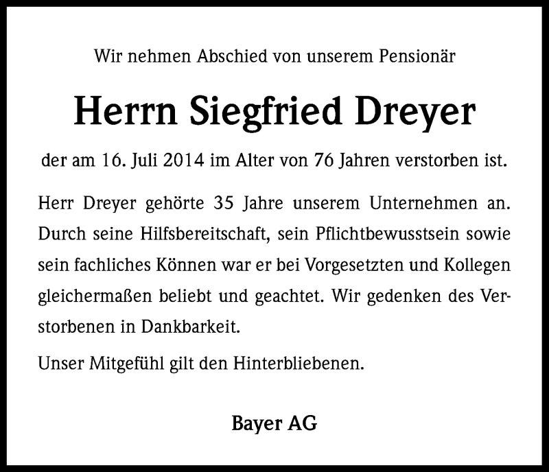  Traueranzeige für Siegfried Dreyer vom 02.08.2014 aus Kölner Stadt-Anzeiger / Kölnische Rundschau / Express