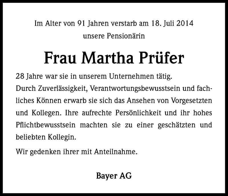  Traueranzeige für Martha Prüfer vom 02.08.2014 aus Kölner Stadt-Anzeiger / Kölnische Rundschau / Express