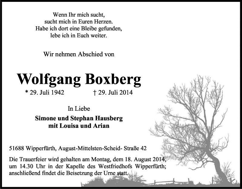  Traueranzeige für Wolfgang Boxberg vom 02.08.2014 aus Kölner Stadt-Anzeiger / Kölnische Rundschau / Express