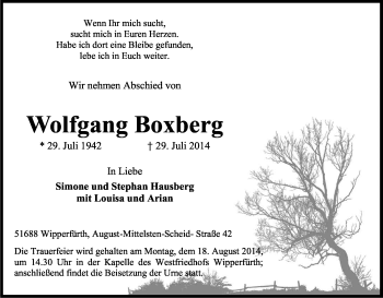 Anzeige von Wolfgang Boxberg von Kölner Stadt-Anzeiger / Kölnische Rundschau / Express