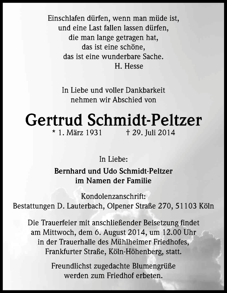  Traueranzeige für Gertrud Schmidt-Peltzer vom 02.08.2014 aus Kölner Stadt-Anzeiger / Kölnische Rundschau / Express