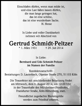 Anzeige von Gertrud Schmidt-Peltzer von Kölner Stadt-Anzeiger / Kölnische Rundschau / Express