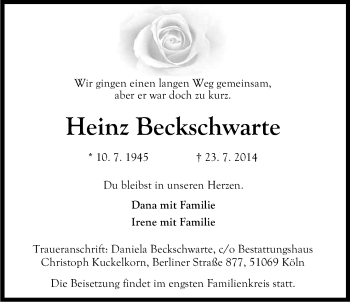 Anzeige von Heinz Beckschwarte von Kölner Stadt-Anzeiger / Kölnische Rundschau / Express