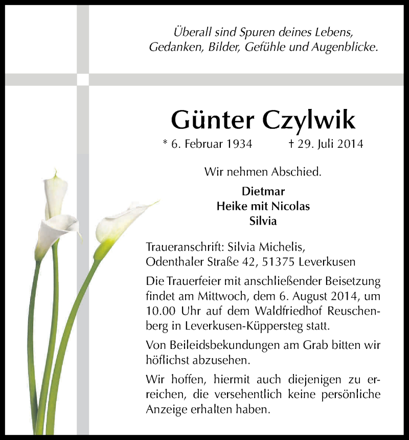  Traueranzeige für Günter Czylwik vom 02.08.2014 aus Kölner Stadt-Anzeiger / Kölnische Rundschau / Express