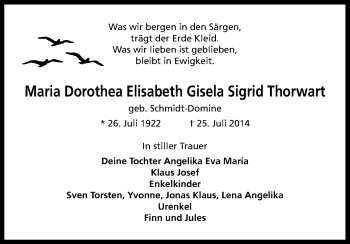 Anzeige von Maria Dorothea Elisabeth Gisela Sigrid Thorwart von Kölner Stadt-Anzeiger / Kölnische Rundschau / Express