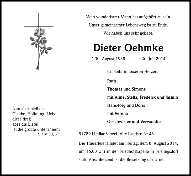  Traueranzeige für Dieter Oehmke vom 02.08.2014 aus Kölner Stadt-Anzeiger / Kölnische Rundschau / Express