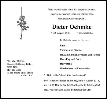 Anzeige von Dieter Oehmke von Kölner Stadt-Anzeiger / Kölnische Rundschau / Express