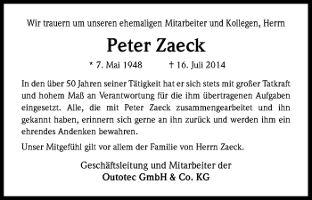 Anzeige von Peter Zaeck von Kölner Stadt-Anzeiger / Kölnische Rundschau / Express