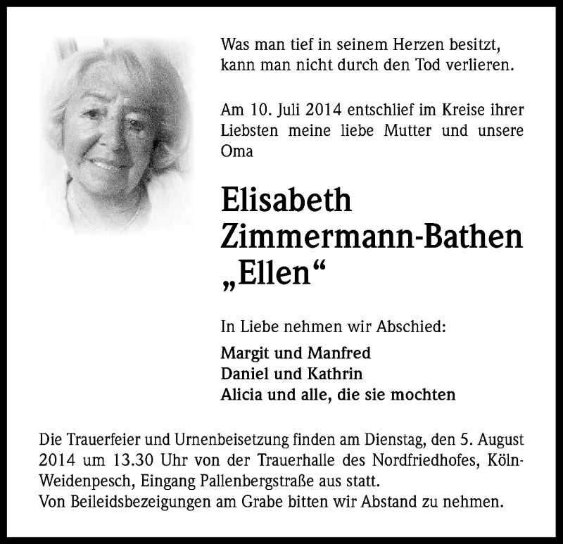  Traueranzeige für Elisabeth Zimmermann-Bathen vom 02.08.2014 aus Kölner Stadt-Anzeiger / Kölnische Rundschau / Express
