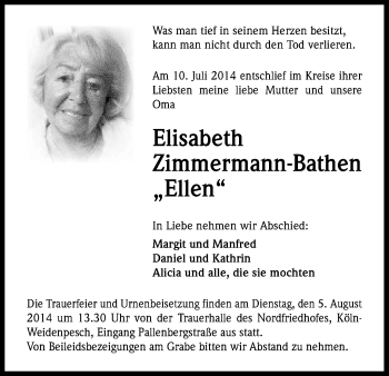 Anzeige von Elisabeth Zimmermann-Bathen von Kölner Stadt-Anzeiger / Kölnische Rundschau / Express