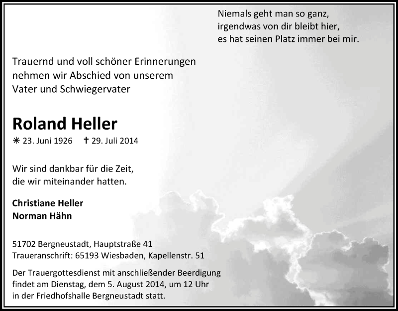  Traueranzeige für Roland Heller vom 02.08.2014 aus Kölner Stadt-Anzeiger / Kölnische Rundschau / Express
